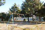 公園の木々と設置されているブランコの写真