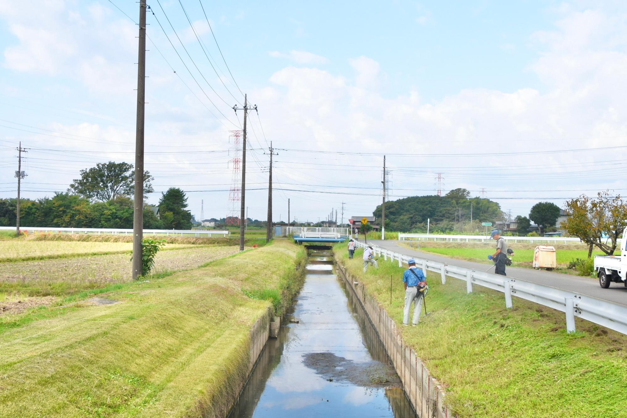 水路の法面を草刈りする構成員