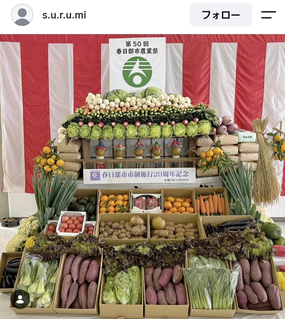 春日部市農業祭で展示された野菜で作られた宝船の写真。キャベツやカブ、ニンジンやハクサイ、サツマイモやチンゲンサイなどの様々な野菜や果物で飾り付けられている。