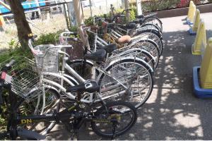 木陰にたくさんの自転車が並んでいる武里地区の放置自転車の様子の写真
