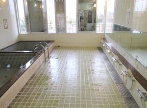 浴室の内装写真。左に浴槽二つ、右にシャワー複数台が確認できる