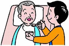介護をしている男性が、横になっている高齢の男性に、スプーンで食事を与えているイラスト