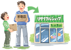 不用品と書かれたダンボールを両手で持つ男児と男性の左側に緑色の矢印がありその先にリサイクルショップが描かれたイラスト