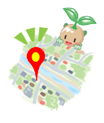地図で描かれた街を見下ろすマスコットキャラクターのイラスト