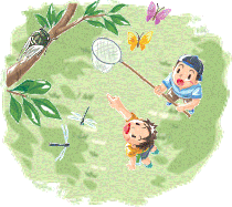 木に止まるセミを捕まえようとしている二人の子供たちのイラスト