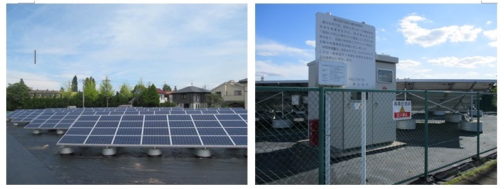 旧沼端小学校第二グラウンドに建てられた春日部市武里太陽光発電所の大量に並べられた太陽光発電パネルとフェンスで覆われ看板が立てられている変電施設の写真