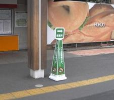 緑色の三角形のポールが、路上に設置されている写真