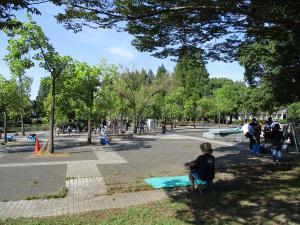 庄和総合公園の噴水広場周辺で撮影する様子の写真
