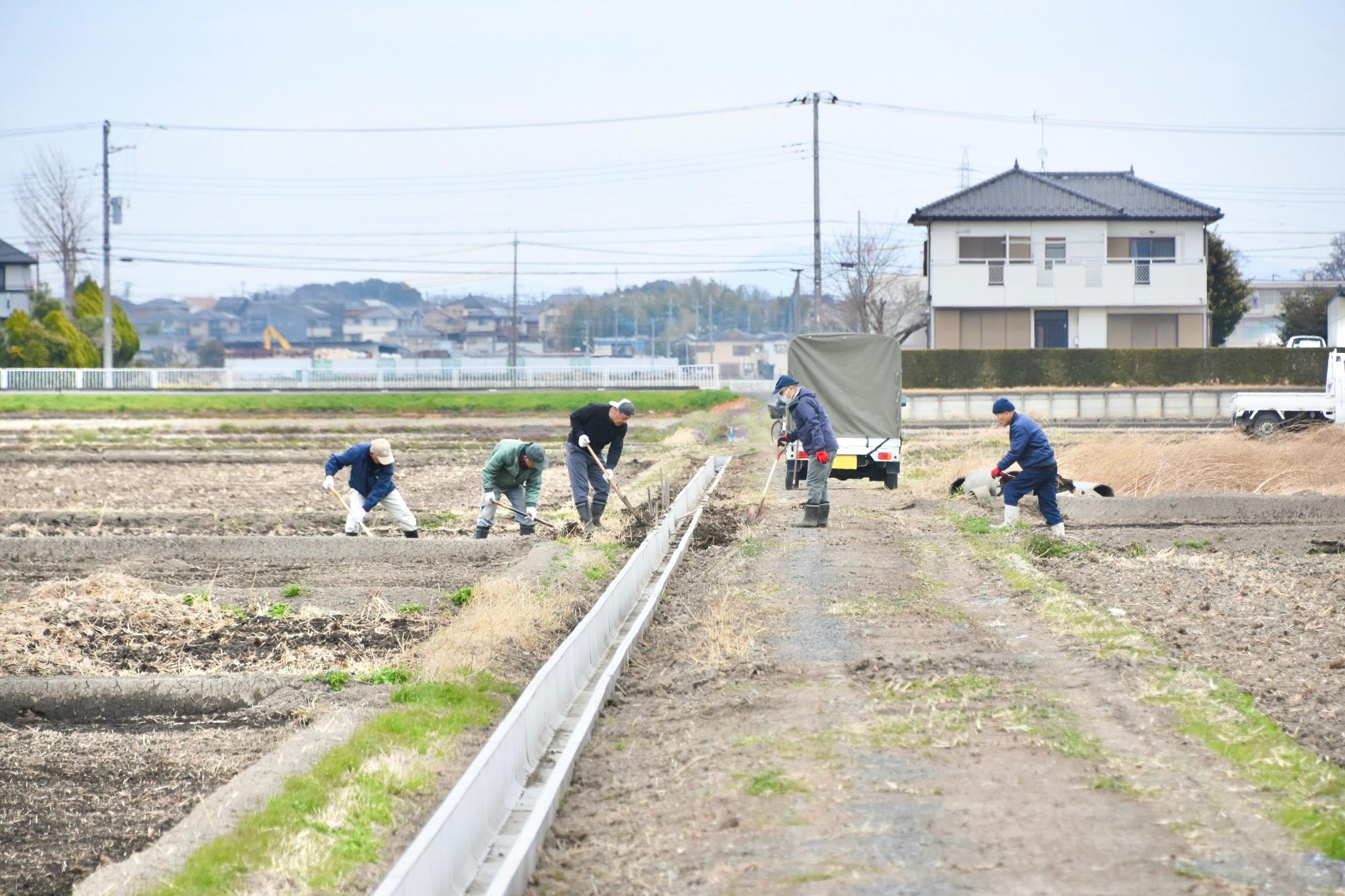 水路脇に土を埋め戻す構成員