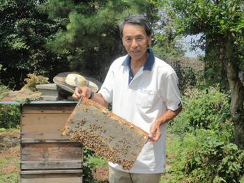 養蜂箱の前で蜂の集まった板を手に持っている、男性の生産者の写真
