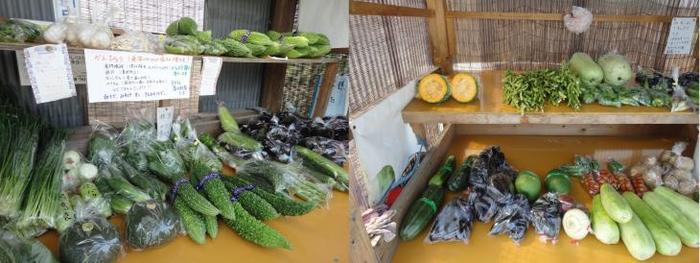 ゴーヤー、カボチャ、ナスなど様々な種類の野菜が並んで売られている山しげ直売所の写真が2枚並んでいる写真
