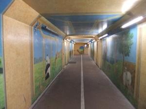 側面と天井に動物の絵が描かれている地下道に照明がついている様子の写真