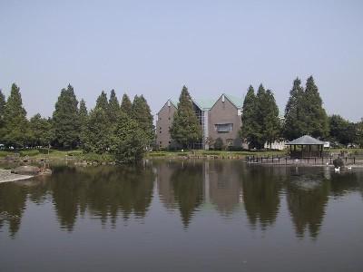 庄和総合支所と、樹木に囲まれた修景池の写真