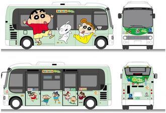 パステルグリーンの車体にしんちゃんと友達たちが描かれたラッピングバスのイメージイラスト