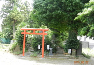 梅田女體神社の社殿付近の木々に囲まれた富士塚とその前方に建っているやや右側に傾いた鳥居の写真