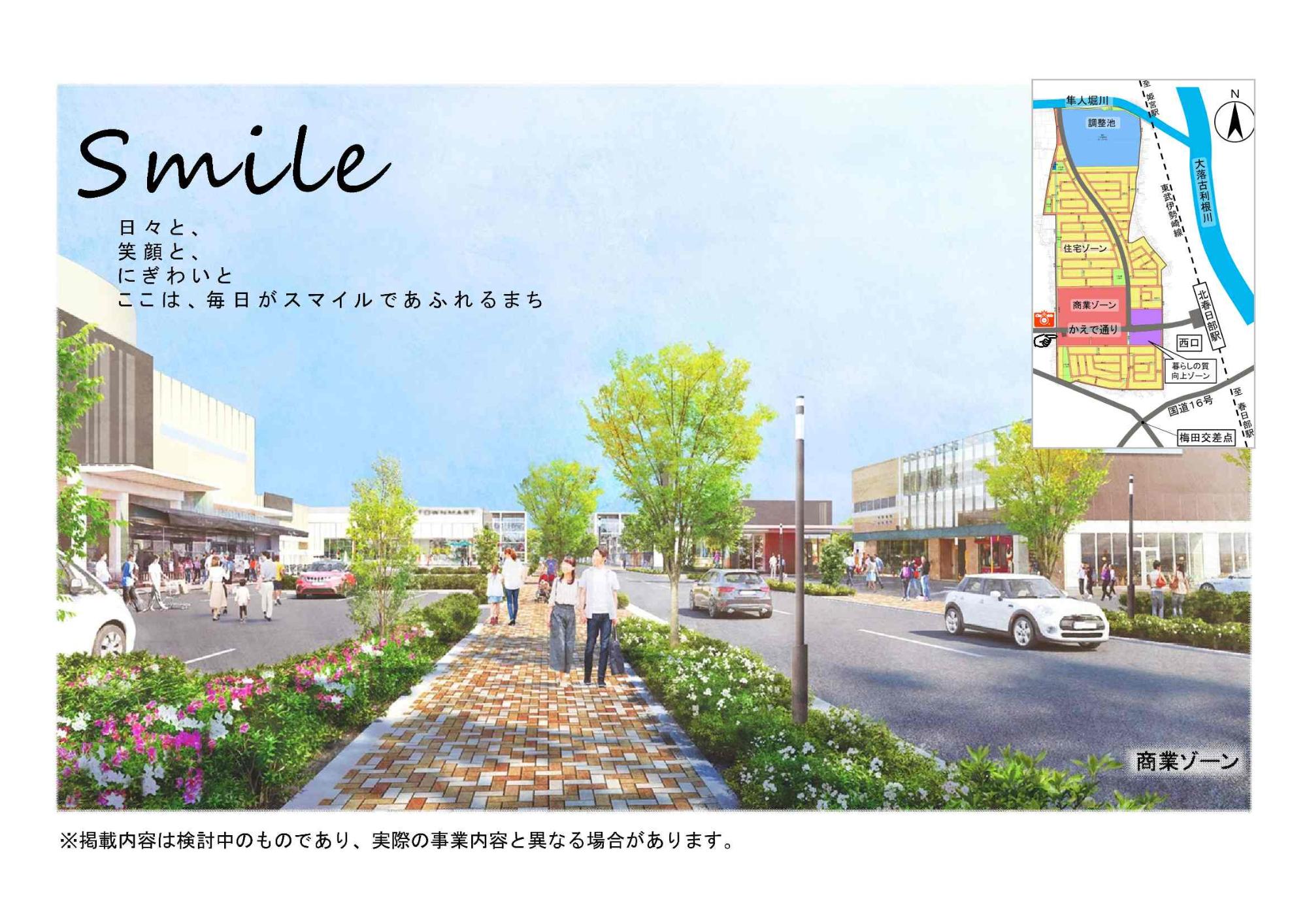 「日々と、笑顔と、にぎわいと、ここは、毎日がスマイルであふれるまち」と書かれ人々でにぎわっている商業ゾーンを描いたイラストの右上隅に土地区画整理の図面が載っている商業ゾーンのイメージ図