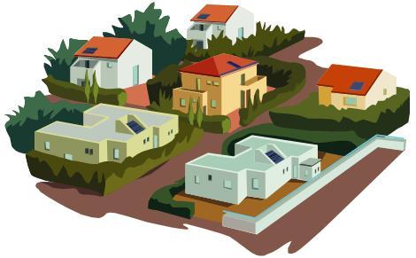 赤い屋根や白い屋根の様々な形の住宅が並んでいる様子の住宅地のイラスト