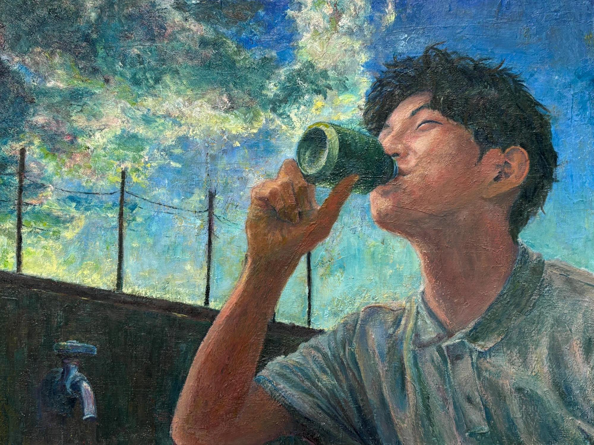 男性が飲み物を飲む様子を描いた絵