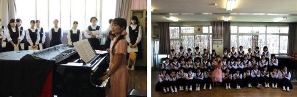 ピアノの横に立っているあえかさんと、その周りに立っている女子生徒たちの写真と、あえかさんを囲むように合唱部の女子生徒たちが座っている集合写真