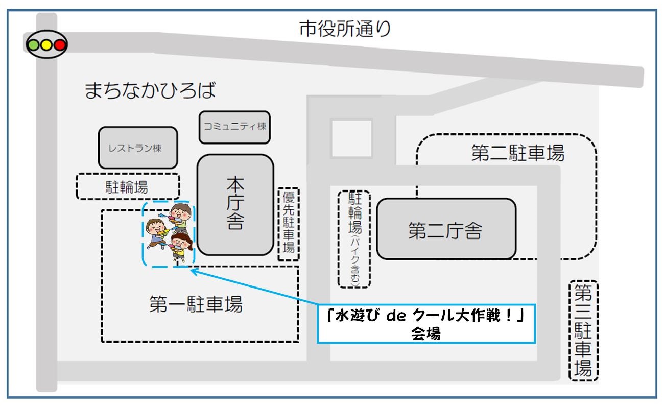 「水遊び de クール大作成！」の会場案内図。駐車場や本庁舎、第二庁舎などの位置を表した図に水鉄砲で遊ぶこどもたちのイラストで会場を案内している図。