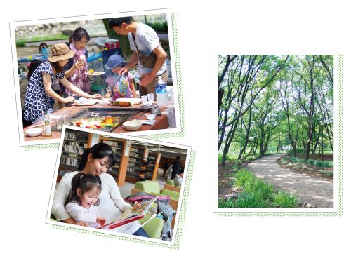 バーベキューを楽しむ家族の写真と、図書館で読書を楽しむ親子の写真と、内牧公園の小道の写真