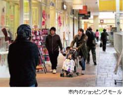 家族連れの客が行きかう商業施設の写真に、市内のショッピングモールと説明書きされている写真