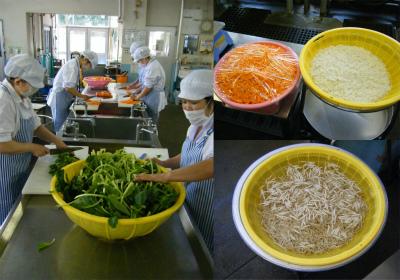 野菜の下ごしらえをしている様子と、ボウルごとに分けた野菜の写真