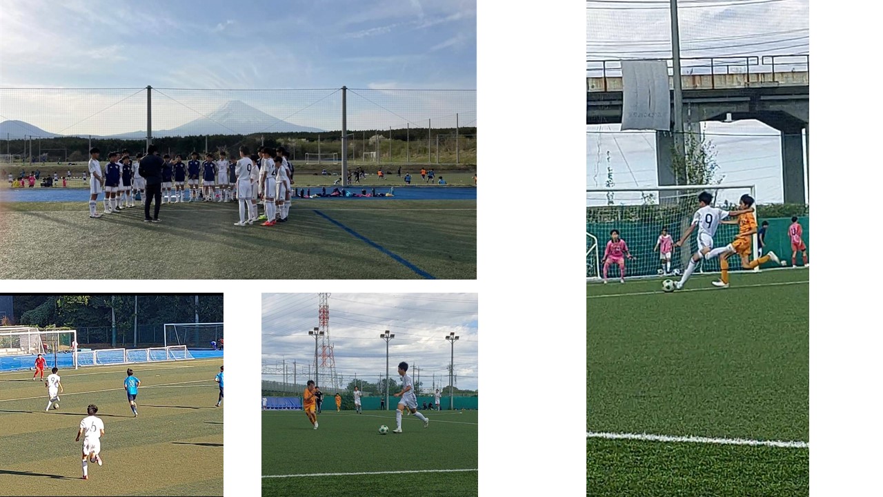 富士山を背景にした集合写真やフィールドでサッカーをしている写真