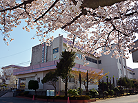 桜が咲いている奥に見える「武里中学校」の写真（「武里中学校」のサイトへリンク）