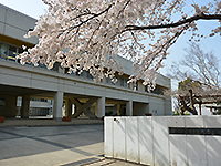 桜が咲いている奥に見える「大増中学校」の写真（「大増中学校」のサイトへリンク）