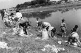 川の土手でゴミ拾いを行うボーイスカウト達の白黒写真