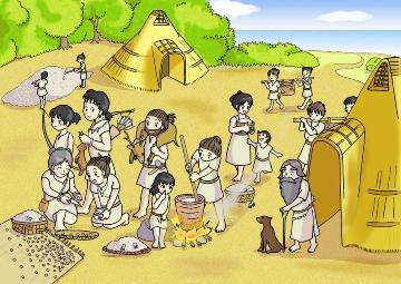 神明貝塚の縄文人のくらしの想像図のイラスト
